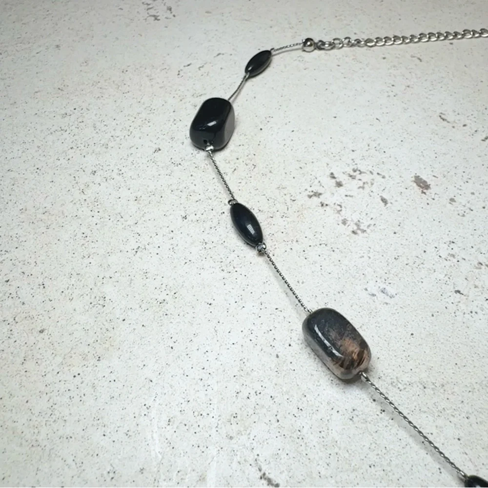 Silver Tone Black Beaded Teardrop Pendant Necklace